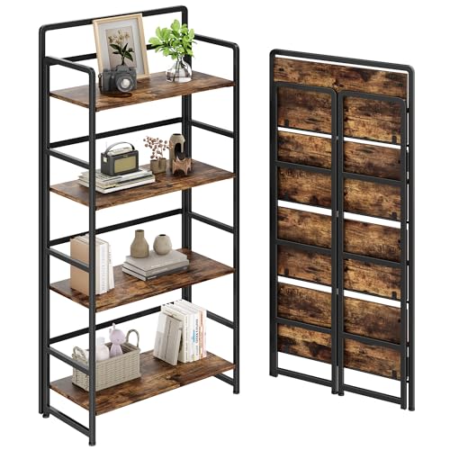 Folding Bookshelf 4 Tiers,No Assembly,Vintage Wood Storage,Rustic Brown | Vintage Wood Collapsible Portable Bookcase,Foldable Storage Rack,Organizer for Living Room, Bedroom, Home Office - color: Rustic Brown, size: 4-tier