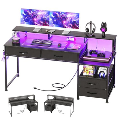 MUTUN 53" Computer Desk with 4 Drawers & Power Outlets, Reversible Home Office Desk with Monitor Stand & Printer Stand, Gaming Desk with Led Lights, Study Writing Work Desk Table for Bedroom (Black) - color: Black