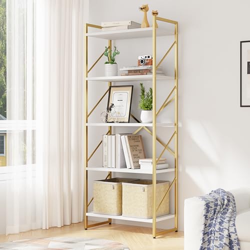 5 Tiers Bookshelf, Classically Tall Bookcase, Industrial Book Rack - color: Golden & White
