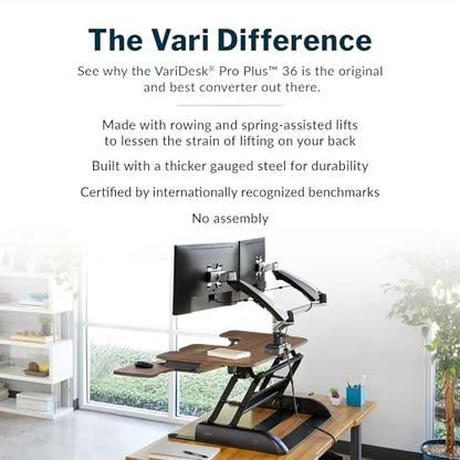 Vari VariDesk Pro Plus 36 Standing Desk Converter – 11 Height Settings + Spring Lift, 2 Tier Design, Keyboard Tray, Fits Desktops 36” Wide x 26.5" Deep – Delivers Fully Assembled (Walnut) - color: Walnut