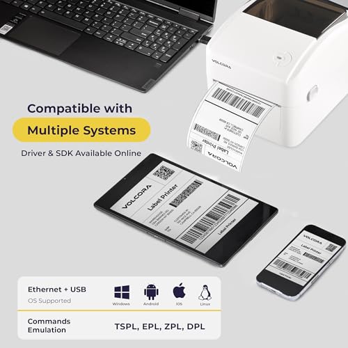 Volcora Thermal Label Printer with Ethernet/USB - Desktop 4x6 Shipping Label Printer, Compatible with Windows, Linux, Mac - Ideal for Small Business, Inkless Printer for Shipping Packages (White)