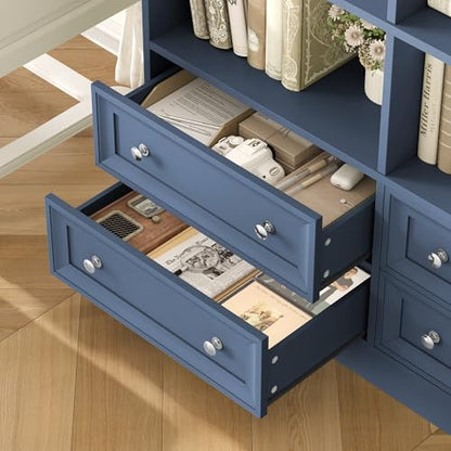 71" Tall Bookshelf with 4 Drawers Large Bookshelf Office Bookcase | 6-Tier Double Wide Bookshelves and Bookcases with Storage, Tall Bookshelf Standing Book Cabinet for Home Office, Blue - color: Blue
