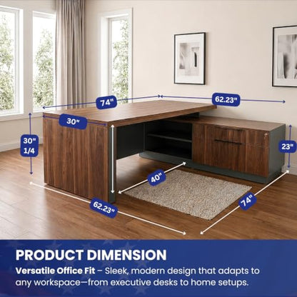 OfficeSimpli L Executive Desk with Drawers, Made in USA, 74x63x30, Walnut - size: 74" x 63" x 30" (Credenza Right)