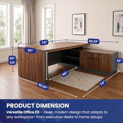 OfficeSimpli L Executive Desk with Drawers, Made in USA, 74x63x30, Walnut - size: 74" x 63" x 30" (Credenza Left)