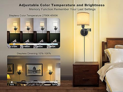 Plug in Wall Sconces with Remote Control, Dimming 10%-100% & Adjustable Colors 2700K-6500K, Hardwire or Plug-in, Swing Arm Wall Lamp with Linen Fabric Shade, Wall Sconces Set of Two, Black Finish - color: Linen(Bulbs+Remote)
