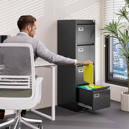 4 Drawer File Cabinet with Lock Metal Vertical File Cabinet Office Home Vertical File Cabinet for A4 Legal/Letter Size Narrow File Cabinet Locked,Assembly Required (Black, 4 Drawers- Vertical) - color: Black, size: 4 Drawers