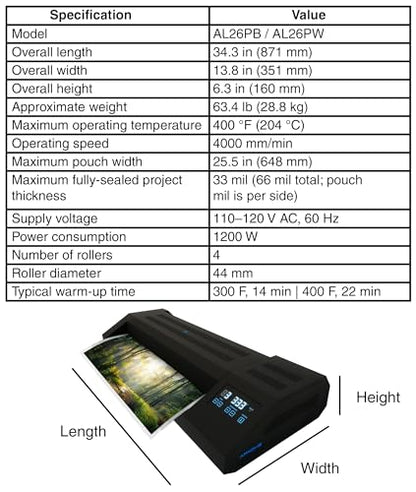 Apache Professional Laminator, Thermal Pouch, 25.5 Inch Max Width, 1.5-33 Mil, True Anti-Jam Technology, School & Office Lamination Machine, Variable Speed & Temperature, Fast Output, Robust Design - color: 26" Black