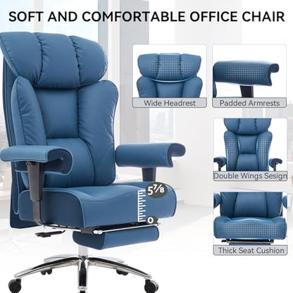 Efomao Big and Tall Office Chair 400lbs - Heavy Duty Executive Desk Chair with Foot Rest & 23" Wide Seat - High Back Ergonomic Leather Computer Chair for Heavy People, Home Office, Blue - color: 3060-blue