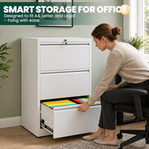 3 Drawer Lateral File Cabinet with Lock, File Cabinet for Home Office,White | Heavy-Duty Steel Locking File Cabinet, Hanging Letter/Legal/A4 Size, Full-Extension Silent Drawer, Un-Assembly - color: White, size: 3 Drawers