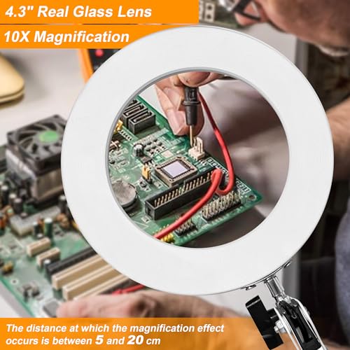 10X Magnifying Glass with Light and Stand, Magnifier with Light Hands Free, 3 Color Modes 10 Level Dimmable, Magnifying Real Glass LED Desk Lamp for Close Work, Repair, Reading, Craft, White - color: White