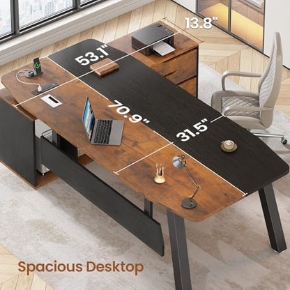 SEDETA 71" L Shaped Executive Desk with File Cabinet & Power Outlet - color: Brown