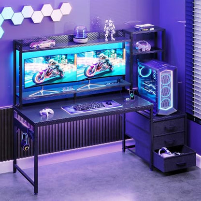 Casaottima 55 Inch Gaming Desk with Hutch & LED Lights & PC Tower Stand | Reversible PC Desk with 3 Fabric Drawers & Power Outlets, Computer Desk with Shelves for Display, Carbon Fiber Black - size: 55 inch