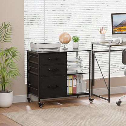 ZENY Lateral File Cabinet with 3 Drawers, Mobile File Cabinet Printer Stand, Rolling Fabric Lateral Filing Cabinet for Office Home Small Space (Black) - color: Black