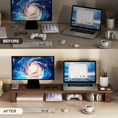 Ufine Dual Monitor Stand Riser 39.3 Inch Wood Desk Shelf Desktop Organizer | 2 Heights Adjustable, Ergonomic Computer Monitor Stand for 2 Monitors, Laptop, TV, Printer