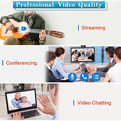 1080P Webcam with Mic Privacy Cover Tripod Stand 110 FOV PC | 1080P webcam with built-in microphone, privacy cover, tripod stand, 110 degree wide angle, USB plug and play for PC laptop - color: BLACK