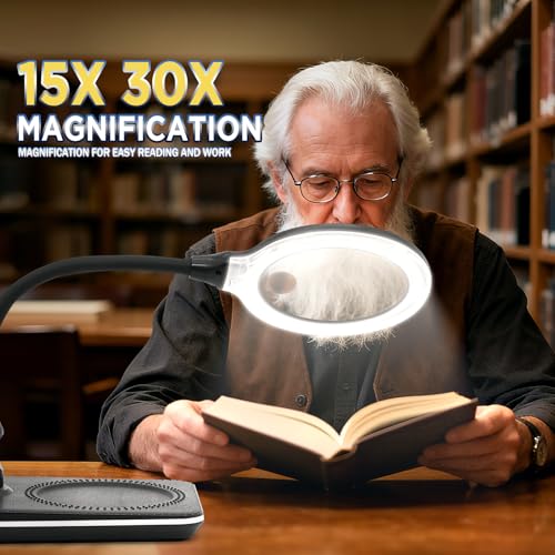 Rechargeable Magnifying Glass with Light and Stand for Reading & Close Work | Dual 15X/30X Lens • 3600mAh Rechargeable • 4.1" Lens • 6 Lighted Modes • Adjustable Brightness • Flexible Gooseneck