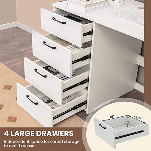 GIANTEX White Computer Desk with 4 Large Drawers, Home Office Laptop PC Desk, Writing Table, Modern Computer Workstation for Bedroom Study Room