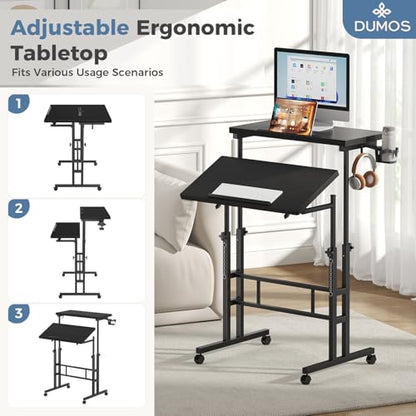 DUMOS Rolling Standing Desk, Sit Stand Desk, Computer Cart | 23.6 Inch Width, Height Adjustable, Split Top, Mobile Laptop Workstation, Office Table, Portable Design, Ink - color: Ink