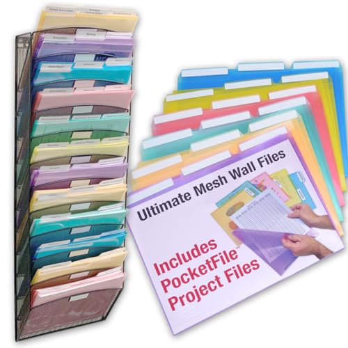 Ultimate Office Mesh Hanging Wall File Organizer, 12 Tier + 18 PocketFiles | Vertical mount hanging file sorter and display rack; includes 18 3rd-cut PocketFile clear document folders - size: 3rd-Cut + 12-Slot Wall File