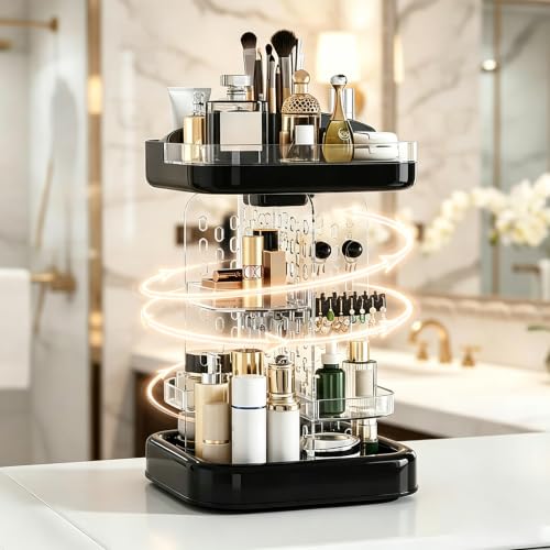 Rotating Makeup Organizer, 5 Adj. Tiers for Skincare & Brush Holder | 14 compartments for cosmetics & jewelry. 360° silent spin. Sturdy, easy-clean acrylic. For vanity, bath & desk - color: Black