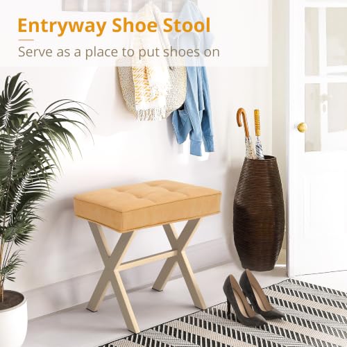 LUE BONA Vanity Stool, Square Linen Makeup Stool with Metal X Legs, Small Ottoman Stool Chair for Vanity, Modern Padded Vanity Seat Foot Rest Stool for Makeup Room, Bathroom, Honey Brown Color - color: Honey Brown