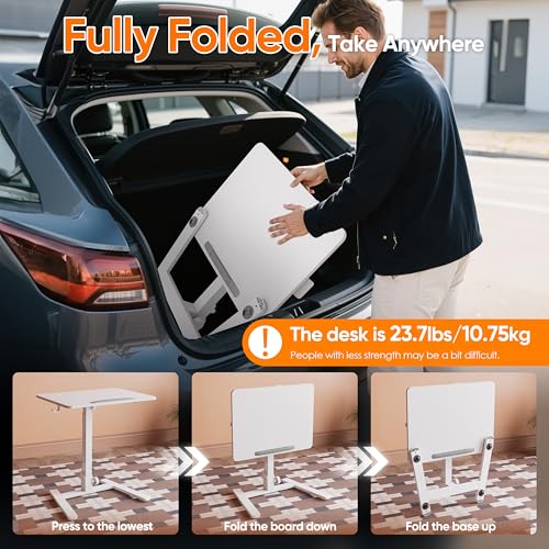 Monomi 25“ Mobile Folding Desk,Pneumatic Sit-Stand Table,No Assembly,White | Height Adjustable Rolling Laptop Desk,Space-Saving Portable Small Desk with Wheels,Ideal for Home Office,Craft & Study - color: White