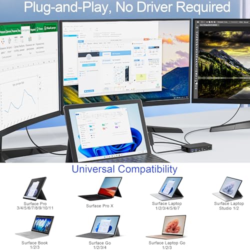Surface Docking Station 12-in-1, Triple Display 4K@60Hz Dock with HDMI, DP, USB-C, 4-Screen Support, 4 USB Ports, SD/TF, Audio for Surface Pro 11/10/9/8/7, Surface Laptop, Book, Go - color: HDMI+DP+USB-C Surface Dock