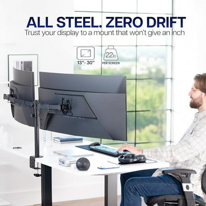 VIVO Dual Ultrawide Monitor Desk Mount, Heavy Duty Fully Adjustable Steel Stand, Holds 2 Computer Screens up to 38 inches and Max 22lbs Each, Black, STAND-V038 - color: Black, size: 13" - 38"