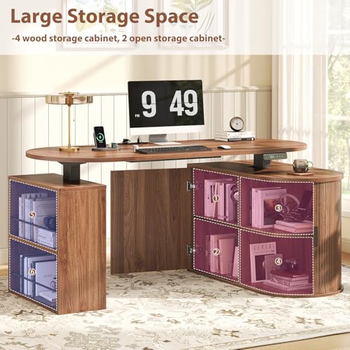 HSH Standing Office Desk with Storage, 60" Electric Standing Desk, Walnut | L Shaped Standing Computer Desks with Open Shelf, Executive Desk Height Adjustable Power Outlet, Stand Up Desk for Home
