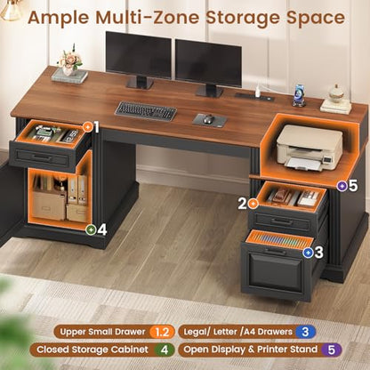 SEDETA Farmhouse Executive Desk, 62'' Home Office Desk with File Drawers, 3Drawer and Storage Cabinet, Computer Desk with Power Outlet for Home Office, Work Study Writing, Black + Walnut - color: Black + Walnut