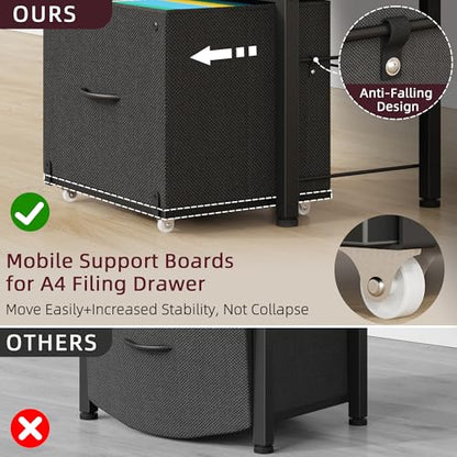 HIGDBFE File Cabinet with 2 Fabric Drawers & Dual Shelves, Black | 2-Tier Printer Storage, Letter File Drawer, Reversible Side Bag, Smooth Drawer Slides, Rolling Support Board Prevent Collapse - color: Black