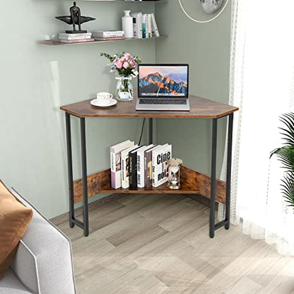 Corner Desk with Charging Station & USB Port, 90-Degree Triangle Computer Workstation w/Storage Shelf, Metal Frame, Space-Saving Laptop PC Desk for Small Space, Home Office (Rustic Brown)