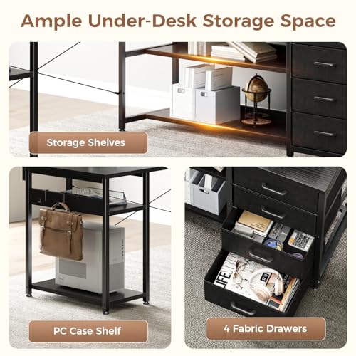 AODK 61 Inch L Shaped Computer Desk with 4 Drawers, LED Lights, Black - color: Black, size: 61 inches