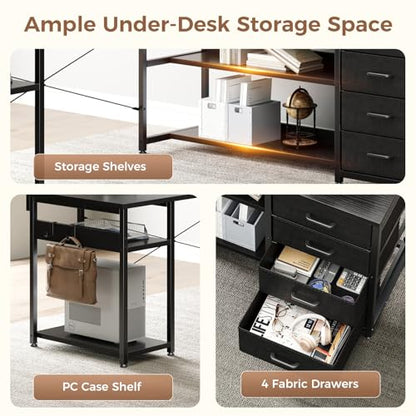 AODK 61 Inch L Shaped Computer Desk with 4 Drawers, LED Lights, Black - color: Black, size: 61 inches