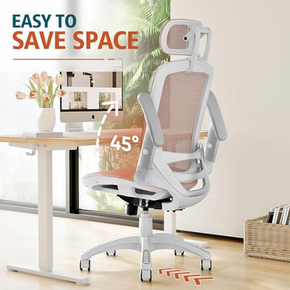 GABRYLLY Ergonomic Office Chair, High Back Home Desk Chair with 2D Flip-Up Arms, 3D Headrest, 90-120° Tilt and Wide Cushion, Big and Tall Mesh Chairs for Man Woman, White Computer Task Chair Pink - color: White Frame Pink Mesh