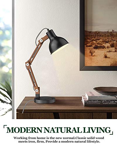 ELYONA Modern Sapele Wood Desk Lamp with Upgraded Wireless Charger & USB C Charging Port Swing Arm Table Lamp Bedside Reading Task Light for Dorm Office Bedroom Living Room LED Bulb Included Black - color: Upgrate Black