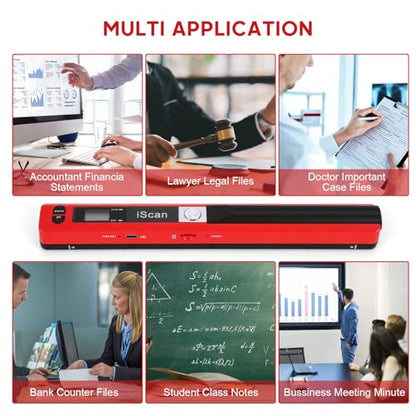Portable Document Scanner - 900DPI Handheld Portable Scanner Image Scanner Scanning Wand A4 Colour Photo Mobile Scanners Handy Scan, JPG/PDF Format, with 16G SD Card (Red)