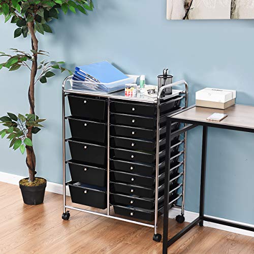 RELAX4LIFE 15 Drawer Rolling Storage Cart, Mobile Drawer Carts for Craft Art Supply Paper Salon, Utility Cart on Wheels for Classroom Teacher School Office, Rolling Cart with Drawers (Black) - color: Black, style: 15 Drawers-34.5"