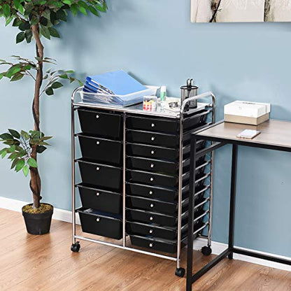 RELAX4LIFE 15 Drawer Rolling Storage Cart, Mobile Drawer Carts for Craft Art Supply Paper Salon, Utility Cart on Wheels for Classroom Teacher School Office, Rolling Cart with Drawers (Black) - color: Black, style: 15 Drawers-34.5"