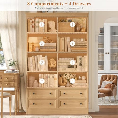 71" Tall Bookshelf with 4 Drawers Large Bookshelf Office Bookcase | 6-Tier Double Wide Bookshelves and Bookcases with Storage, Tall Bookshelf Standing Book Cabinet for Home Office, Natural - color: Natural