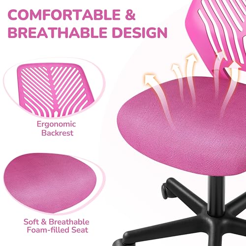 Yaheetech Small Desk Chair, Armless Adjustable Swivel Seat, Rose Red | Padded mesh seat and ventilated resin back, compact armless frame rolls and adjusts for study and small desks, holds 300 lb. - color: Rose Red