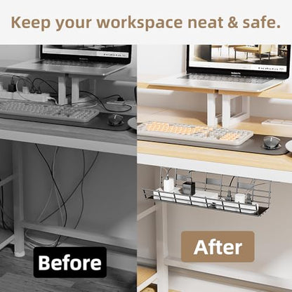 2 Pack DELAMU Under Desk Cable Management Tray, Large Metal Cord Organizer, Office & Home Cord Wire Management Under Desk Shelf, Easy Install Pre-drilled Cable Organizer, Black