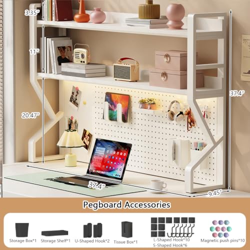 Desk Shelf, 2-tier Desktop Organizer Desk Hutch Storage Rack with Hole Plate Multi-Functional Workstation Organizer Bookcase Computer Desk for Home Office Dorm Top of Desk (37.4" Lx9.9" Wx39" H) - color: White, size: 37.4" Lx9.9" Wx39" H