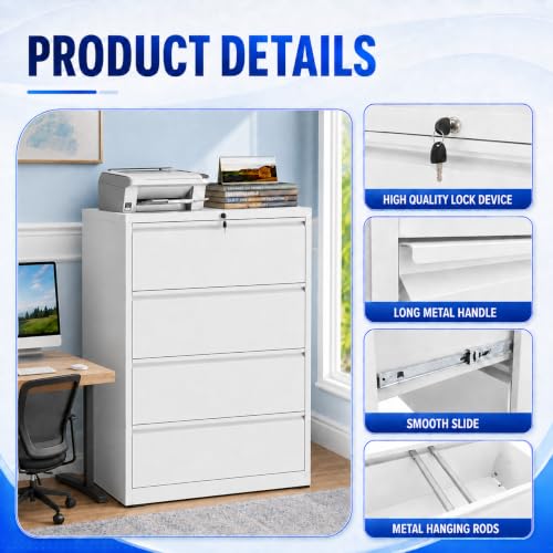 4 Drawer File Cabinet with Lock, Metal File Cabinet, White - color: White, size: 52.3"H - 4 Drawer