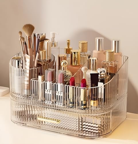 Makeup Organizer with Drawers, 360° Rotating Brush Holder | 2-Tier, Cosmetic storage for vanity, skincare, perfume, hair accessories, lipstick and jewelry, Clear - color: Clear, size: 2-layer