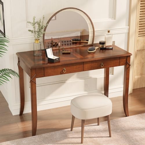 Solid Wood Writing Desk, Home Office Desks with 2 Storage Drawers, 46" Mid-Century Modern Walnut Tables, Computer Desk for Home Office, Easy Assembly Vanity Desk, Study Table Station BSZDR200 - size: 46.06"