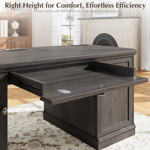 59" Classic Executive Desk with Storage, Victorian Executive Desk with Charging Station, Keyboard Tray, 3 Drawers & 2 Cabinet Storage & 2 Pedestals, Easy Assembly, Black - color: Black