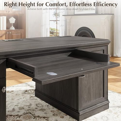 59" Classic Executive Desk with Storage, Victorian Executive Desk with Charging Station, Keyboard Tray, 3 Drawers & 2 Cabinet Storage & 2 Pedestals, Easy Assembly, Black - color: Black