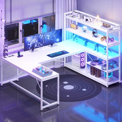 SEDETA 63” Reversible White L Shaped Computer Desk with Storage, Bookshelf - color: White