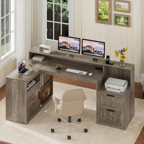 TVU Farmhouse L Shaped Desk with Drawers, 62.2" Home Office Desk with Storage Shelves and Power Outlet, L Shaped Computer Desk with Monitor Stand and Printer Shelf, Gray - color: Grey